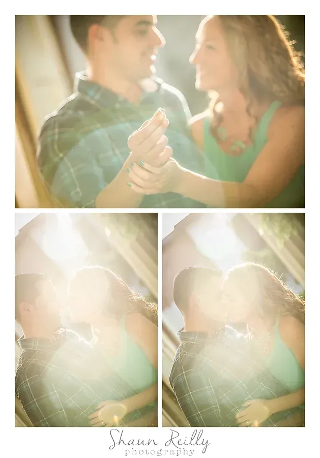 Couple dancing in warm sunlight, with two smaller blurred photos beneath.