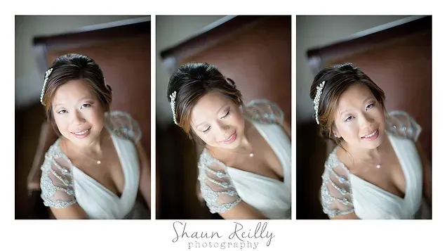 Three portrait photos of a smiling woman in a white dress and veil, seated indoors by a window.
