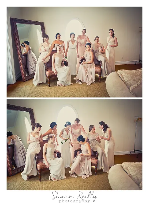 Bridesmaids in pale dresses gather and laugh in a bridal suite, shown in two candid moments.