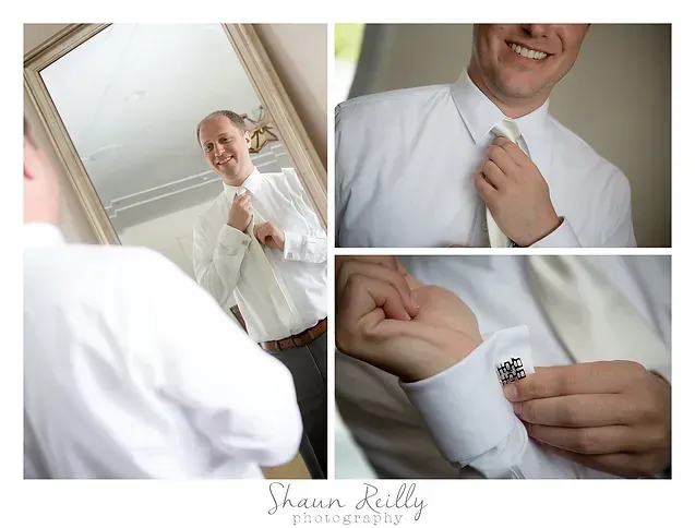 Collage of a man adjusting his white shirt and cufflinks in a mirror, getting dressed for an event
