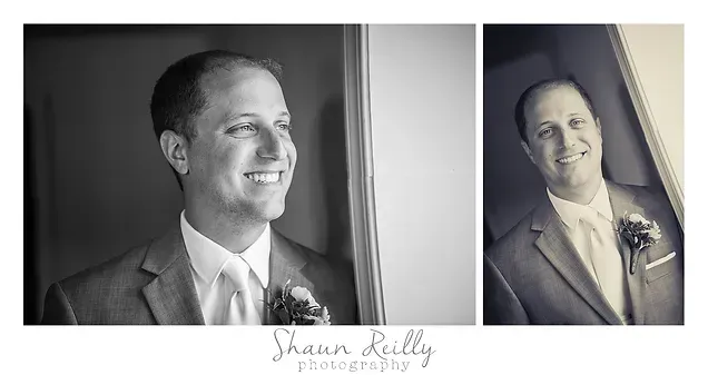 Black-and-white wedding portrait collage of a smiling groom in a suit and boutonniere