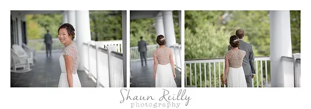 Woman in a white dress walking along a rain-soaked porch with white columns, shown in a three-photo collage
