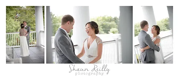 Bride and groom holding hands on a white veranda, with a smaller couple inset at left and right