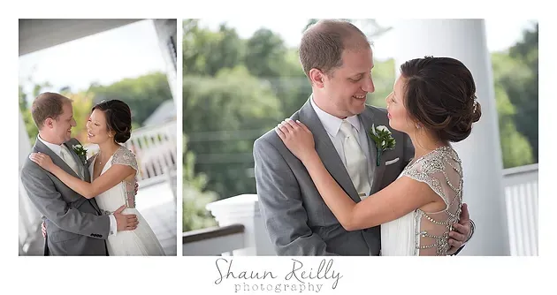 Bride and groom embracing and smiling on a white porch, with a second close-up wedding pose.