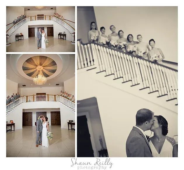 Wedding collage in a bright hall, featuring a couple, bridal party on stairs, and a kiss near the staircase