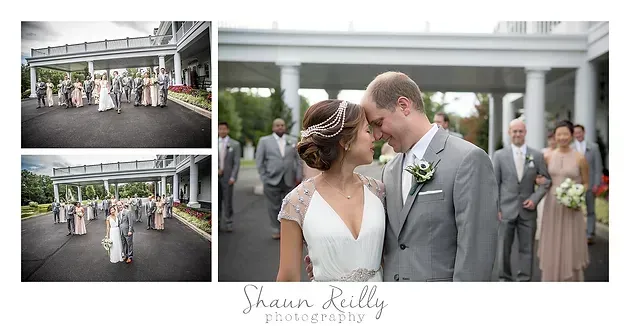 Wedding couple kissing under a white pergola, with guests and ceremony details in a collage layout