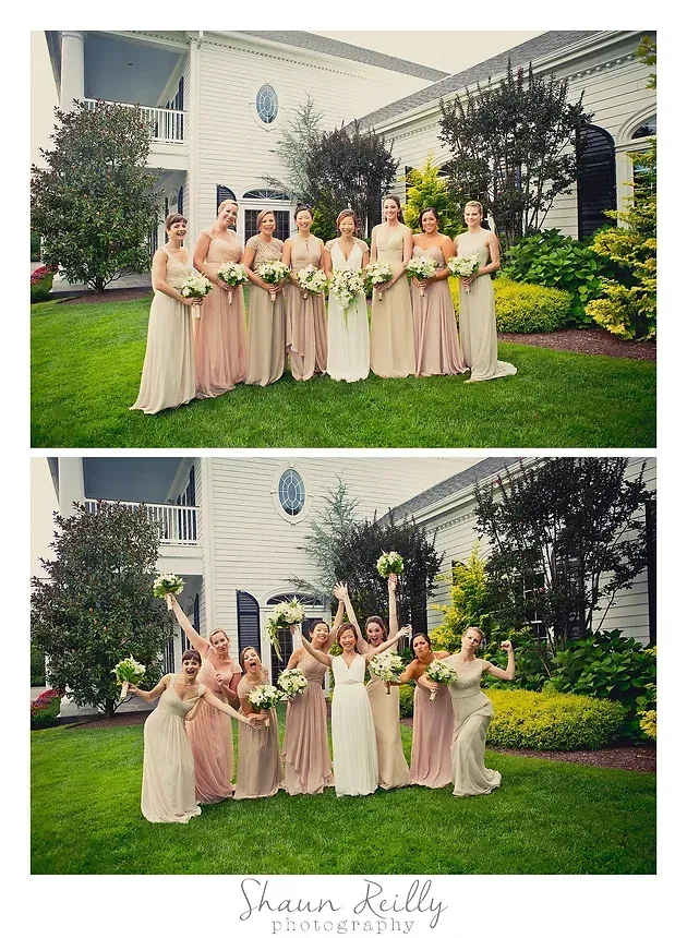 Bridesmaids in blush dresses pose outdoors with the bride in a white gown at a garden venue