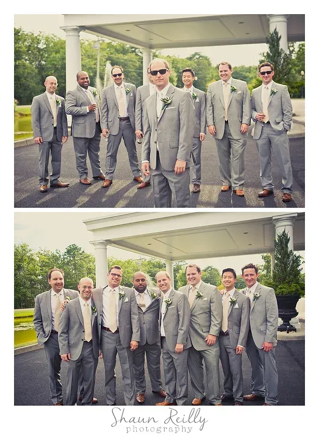Two group photos of men in gray suits posing outdoors under a pavilion.