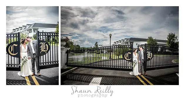 Wedding couple posing at black iron gates under cloudy sky, with one close-up and one wide shot