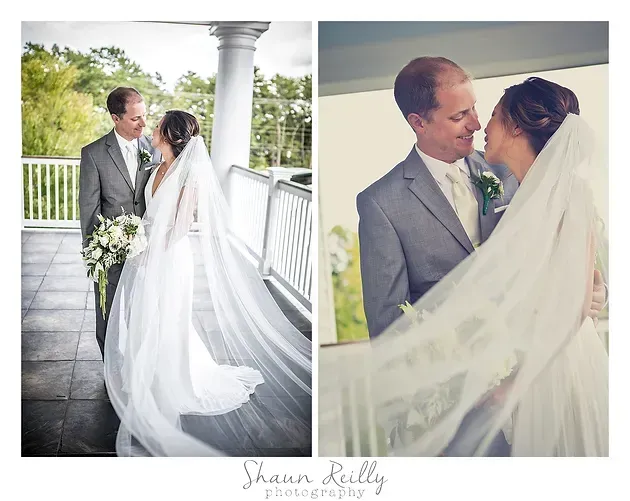 Bride and groom sharing a moment on a white porch in two wedding portraits, veil flowing.