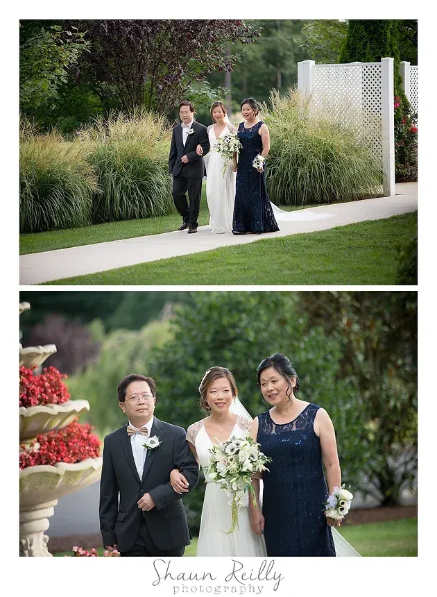 Wedding couple walking outdoors in formal attire, with a close-up of the couple smiling nearby