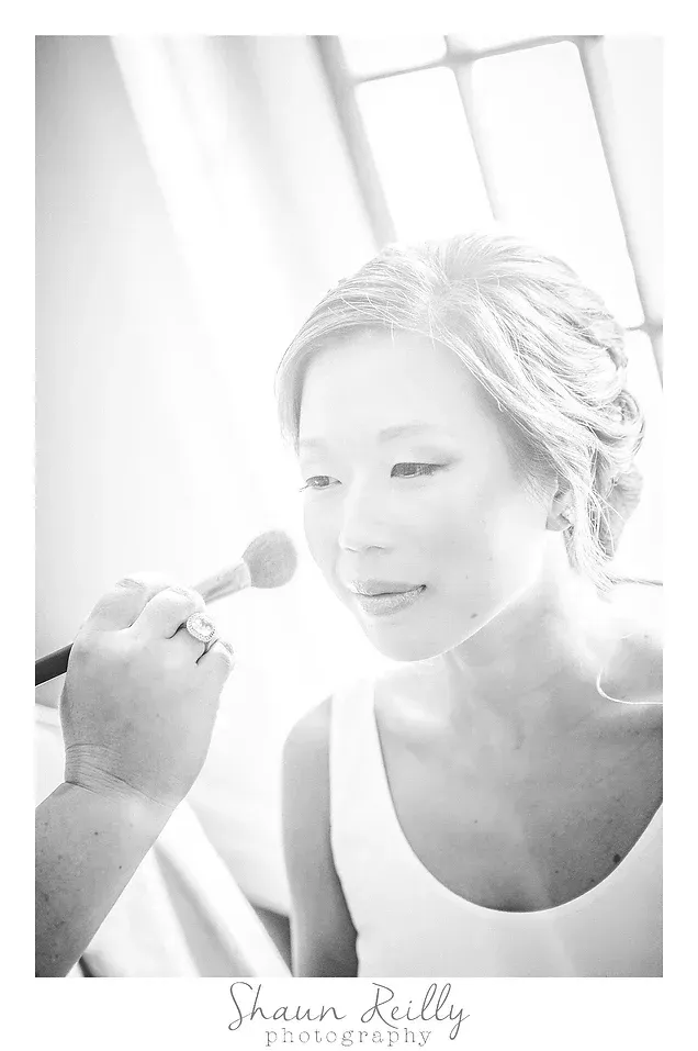 Portrait being made up with a makeup brush, soft black-and-white lighting