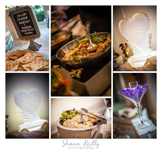 Collage of elegant wedding desserts and table settings, including heart-shaped decor and a purple cocktail.