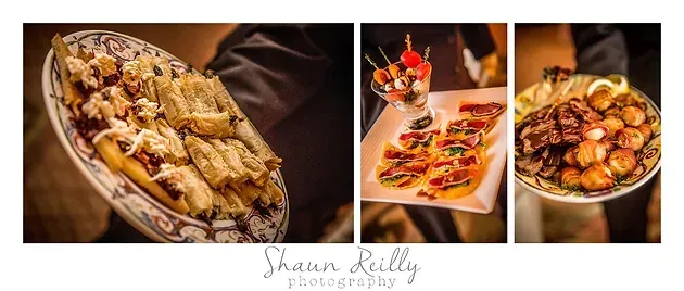 Three plated pasta dishes, including creamy fettuccine, pizza, and a baked chicken entrée on a dark table