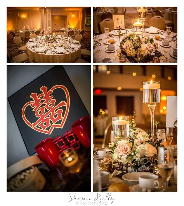 Elegant gold-and-white wedding reception table with floral centerpieces, candles, and a red double-happiness decoration