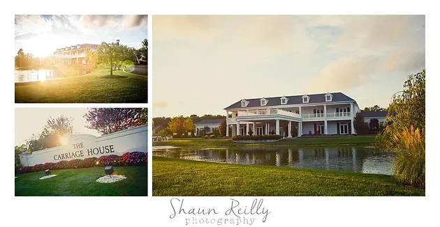 Collage of a white farmhouse estate at sunset with a pond, lawn, and sign reading “Shawn Kelley Realty”