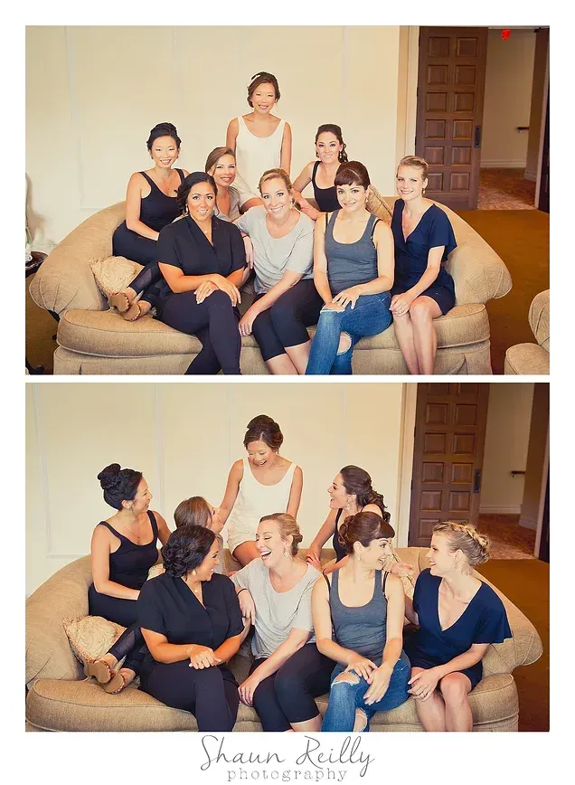 Eight women in navy dresses posing and chatting on a beige sofa in a living room, two candid group shots.
