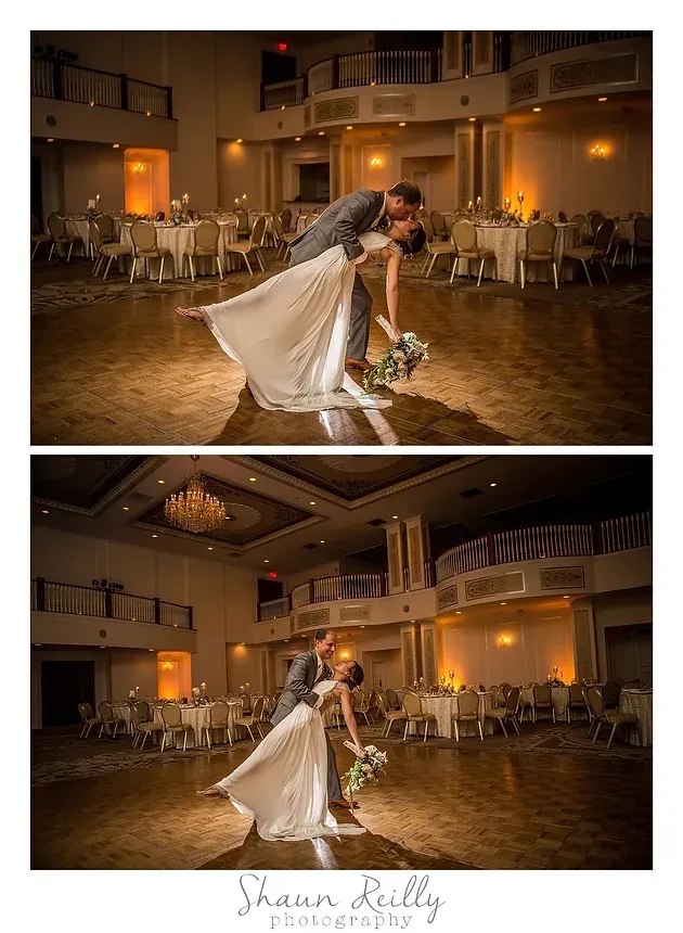 Bride in white gown posing with bouquet in a warmly lit ballroom, shown in two wedding photos.