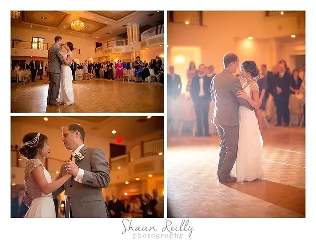 Bride and groom slow dance in a warmly lit ballroom during a wedding reception collage