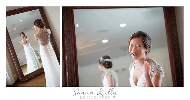 Bridal portrait collage with bride in white dress, smiling in mirror and adjusting her gown