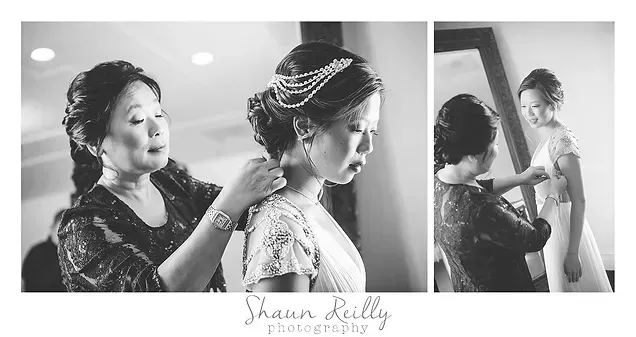 Three black-and-white wedding prep photos of a woman having her hair and dress adjusted.