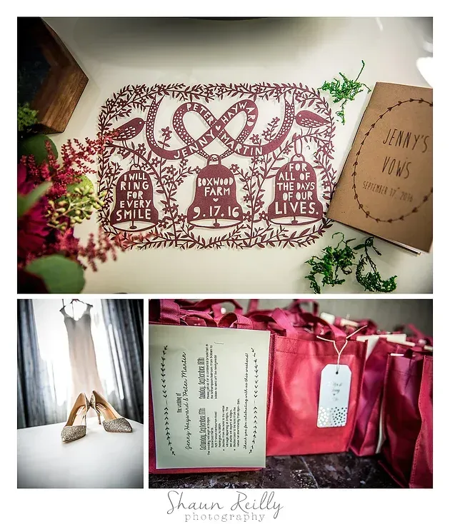 Wedding gift flat lay with pink roses, personalized sign, and pink gift bags on a light background