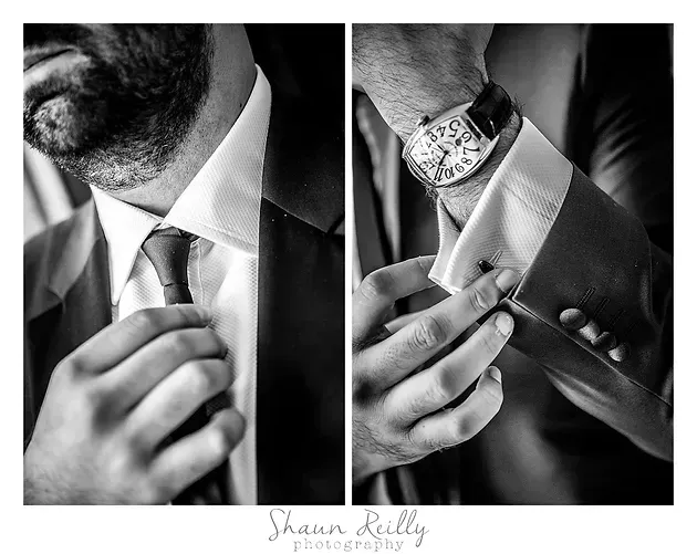 Black-and-white close-ups of a man adjusting his tie and cufflinks in a suit.