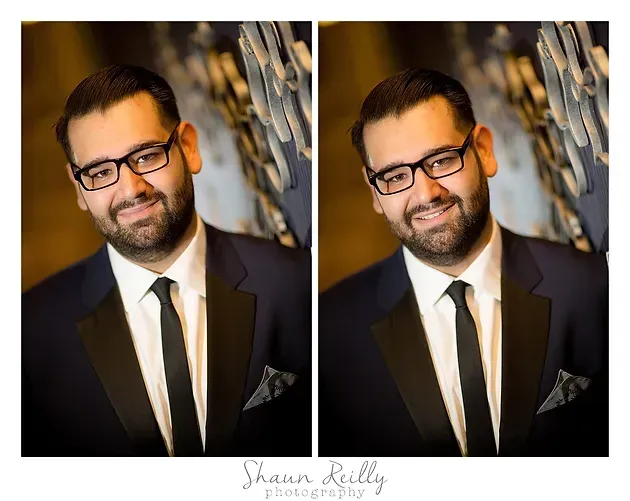 Side-by-side studio portraits of a man in a black suit and glasses, smiling against a warm blurred background