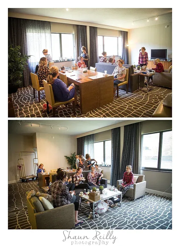 Two photos of a bright living room gathering with people seated around a table, talking and relaxing
