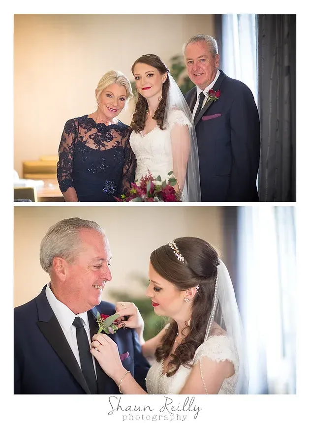 Three people posing at a wedding, then the bride and older man smiling close together