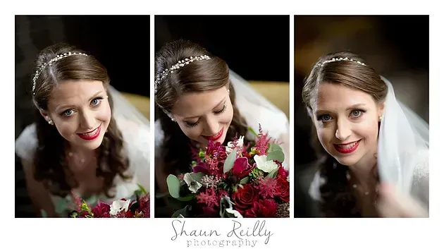 Bridal portrait collage of a smiling woman with a white veil and pink bouquet