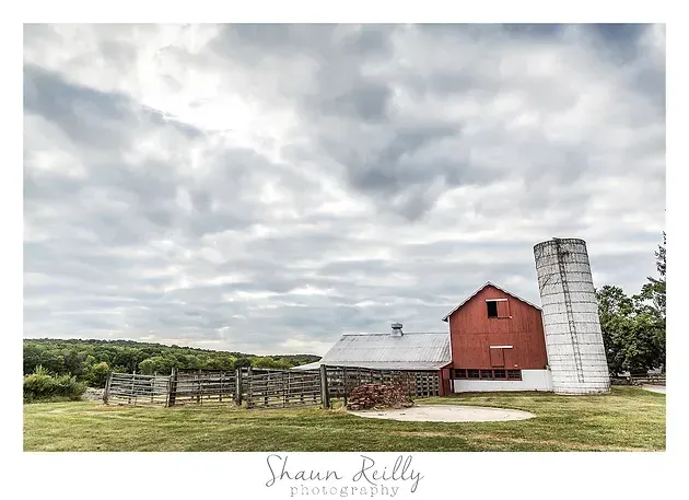 Red barn beside silver silo in a grassy field under a cloudy sky