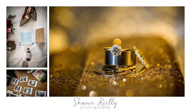 Gold wedding rings on a glittering golden surface, with a small photo collage on the left