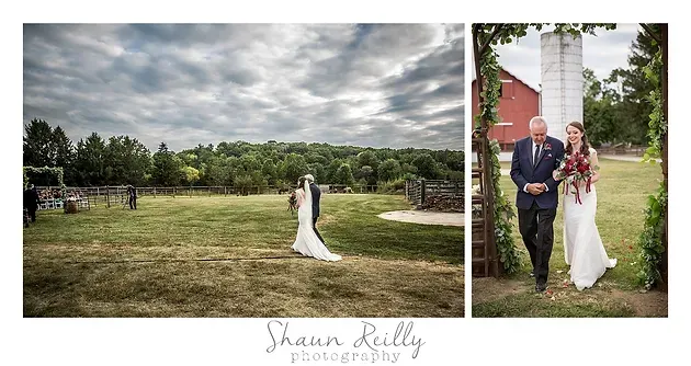 Wedding couple in a grassy field, posing outdoors under cloudy skies with a portrait inset beside them