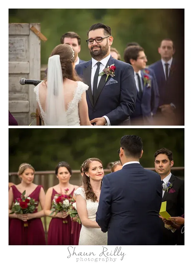 Bride and groom exchanging vows at an outdoor wedding ceremony with attendants nearby