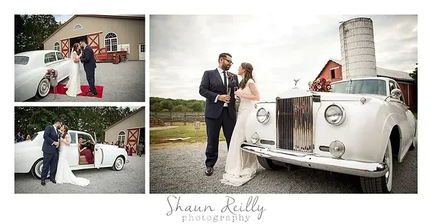 Wedding couple by a white vintage car in a barn setting, with a kiss and candid poses