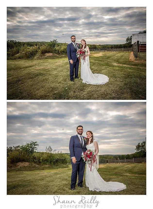 Bride and groom posing outdoors in a grassy field under a cloudy sky.