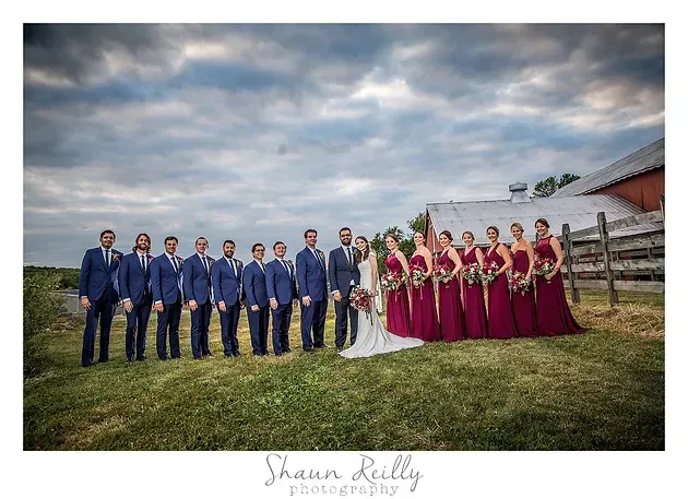 Wedding party posing outdoors in blue suits and burgundy dresses under a cloudy sky