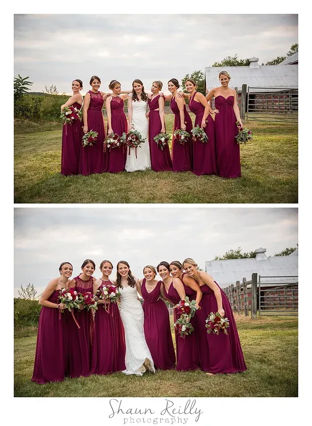 Bridesmaids in burgundy dresses holding bouquets pose outdoors with the bride in a white gown.