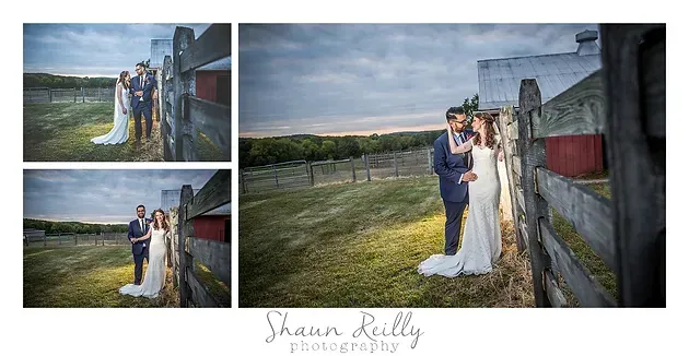 Wedding couple posing by a wooden fence in a grassy field, with three photo panels in a collage.