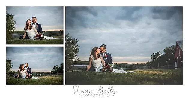 Bride and groom pose outdoors in a three-photo wedding collage under a cloudy sky
