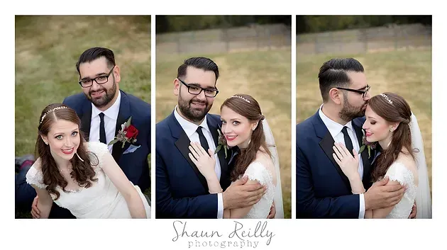Three wedding portraits of a smiling couple in formal attire outdoors.