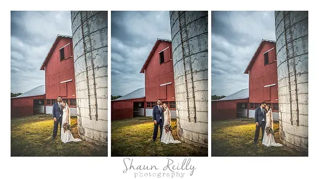 Person leaning by a red barn and silo in a triptych-style photo against a cloudy sky