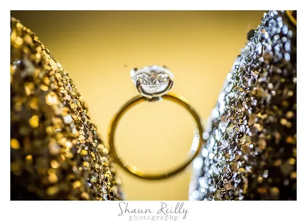 Engagement ring with a solitaire diamond centered against a gold background and glittering silver wings.