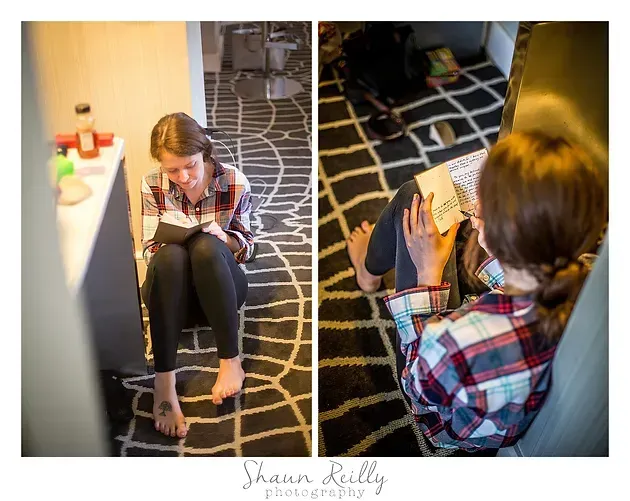 Woman sitting on a carpeted floor, reading a book, shown from front and back in a split photo