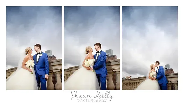 Bride and groom embrace on a stone rooftop under a cloudy sky, shown in three wedding poses.
