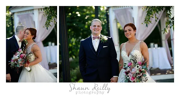 Wedding collage of bride and groom standing outdoors under white drapery, holding colorful bouquets.