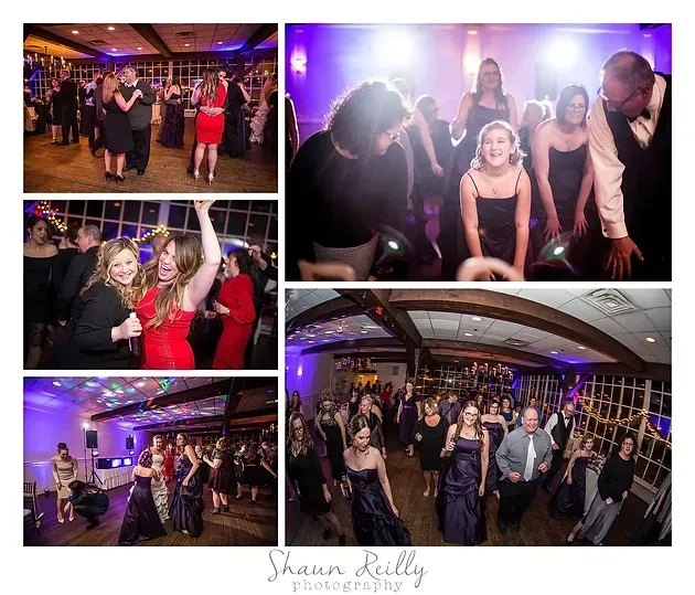 Collage of people dancing and posing at a lively indoor party with purple lighting