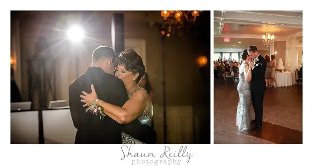 Couple slow dancing at a wedding reception, with a close-up embrace and a reception table view.