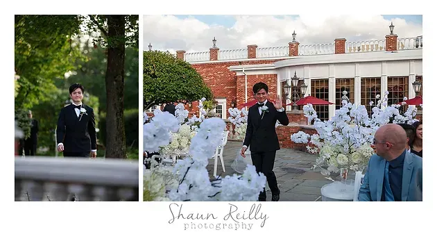 Two wedding scenes: a groom standing outdoors and a couple walking through a decorated garden aisle